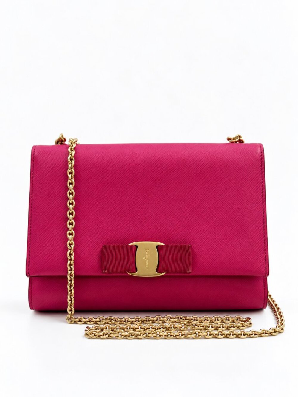 Salvatore Ferragamo Vara Bow Pink Saffiano Leather Mini Chain Shoulder Crossbody
